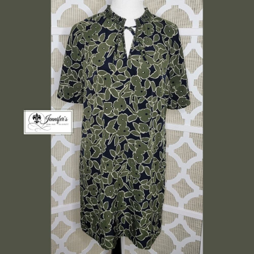 Banana Republic Women's Navy Blue & Green Floral Smocked Tie Shift Dress Size 10